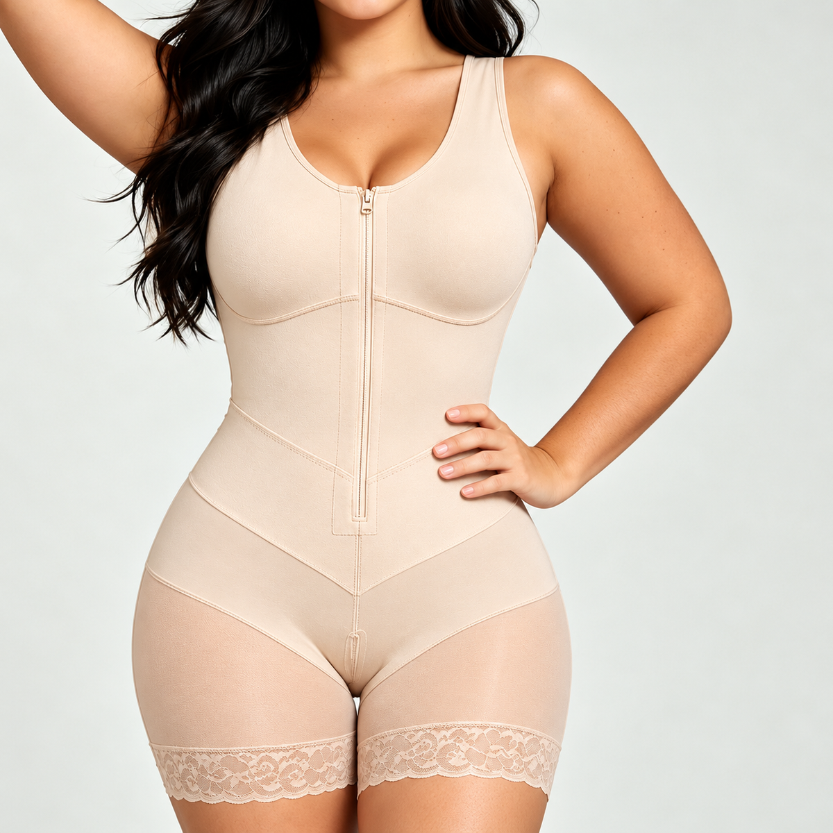 Beige Shaping Bodysuit with Front Zipper, Sizes XS-L