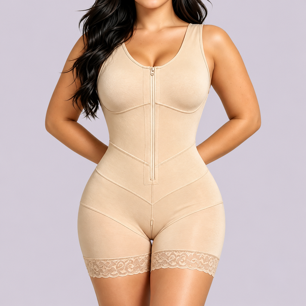 Beige Shaping Bodysuit with Front Zipper, Sizes XS-L