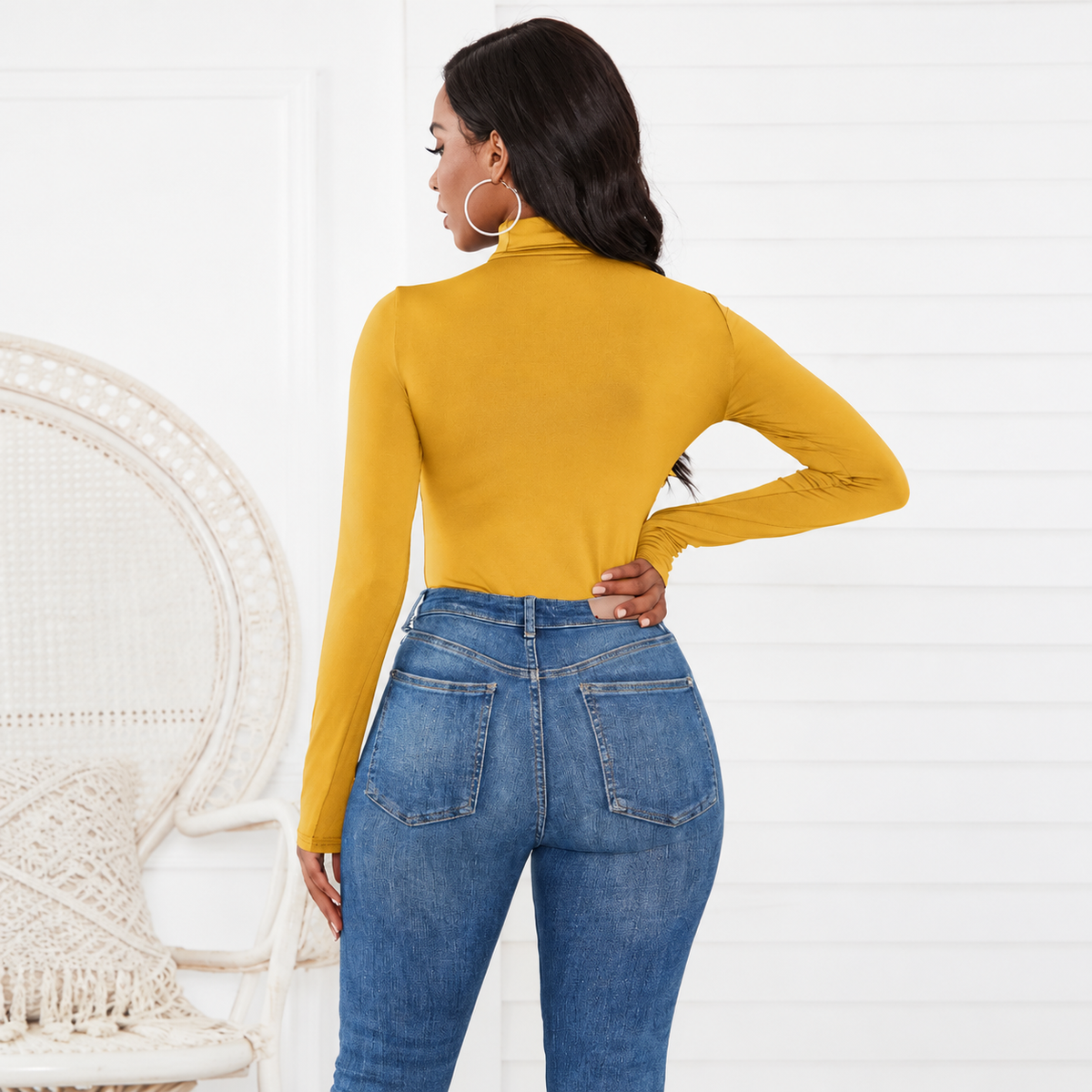 Women's Mustard Yellow Long Sleeve Turtleneck Bodysuit