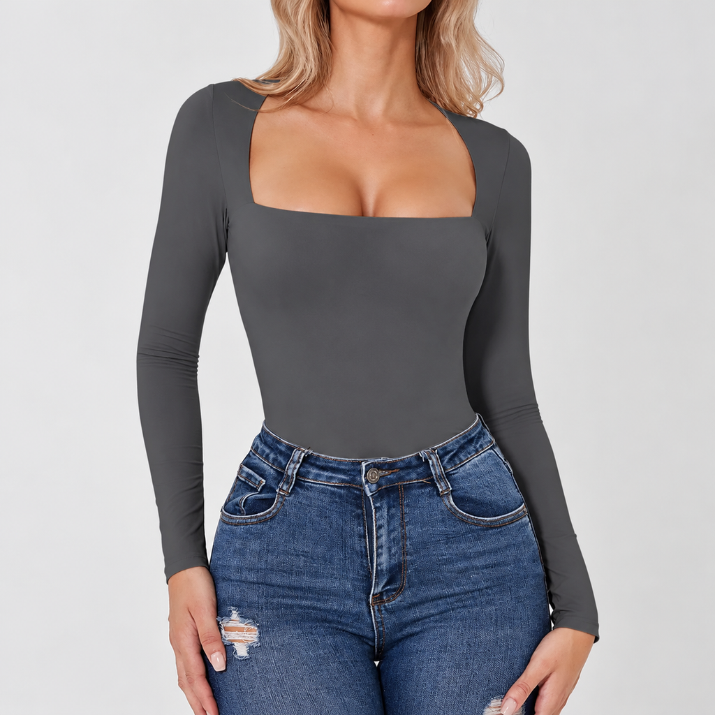 Women's Charcoal Gray Square Neck Long Sleeve Bodysuit