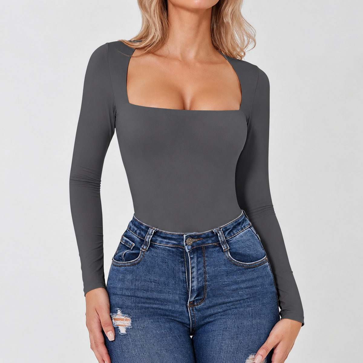 Women's Charcoal Gray Square Neck Long Sleeve Bodysuit